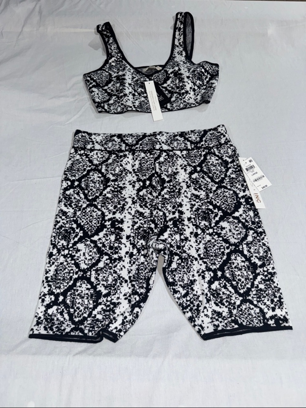 INC International Concepts Black and White Snake Print Athletic Shorts Set